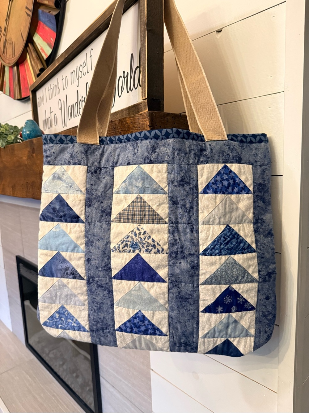 Quilted Blue Patchwork Tote Bag - Classic Navy & Cream
